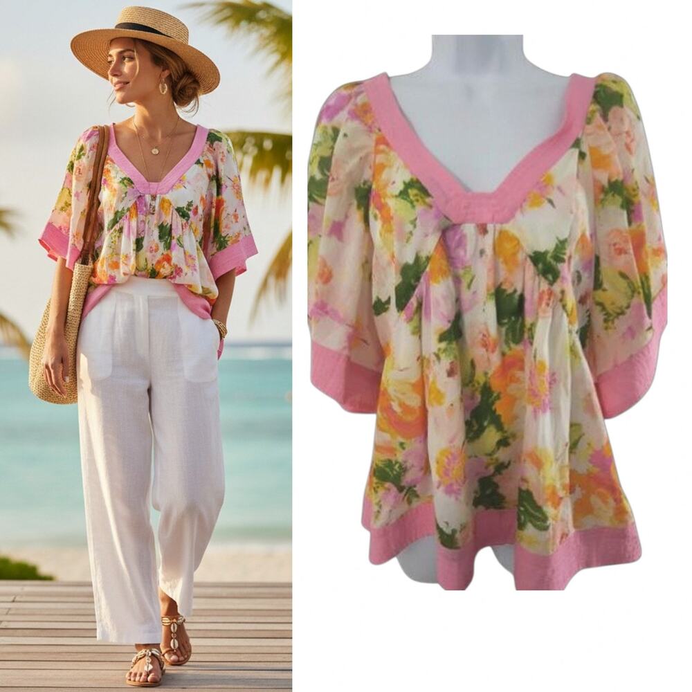 Fate Floral Babydoll Top Medium Kimono Sleeve Quilted Contrast V-Neck Boho NWT